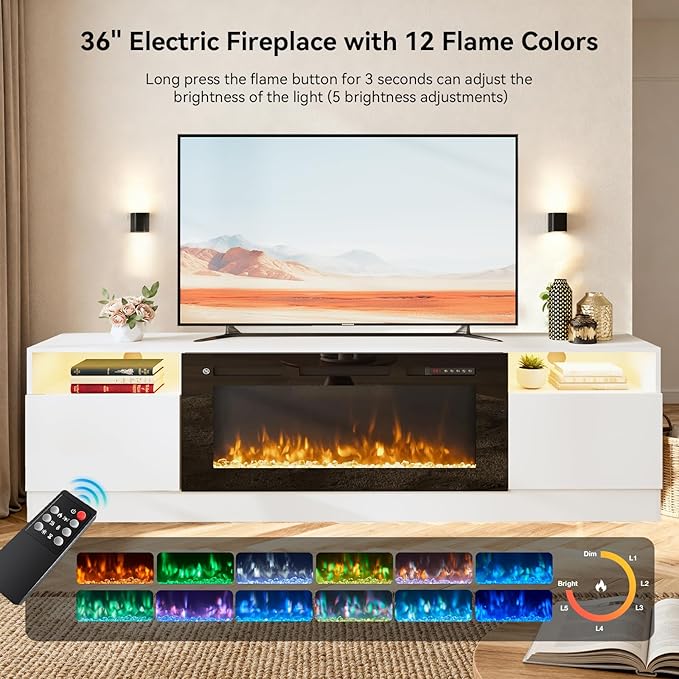 80” TV Stand with 36” Electric Fireplace, Large Modern Media Entertainment Center with Storage Cabinet and 12 Colors LED Lights for TVs Up to 90",White and Black