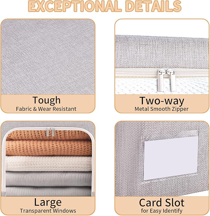 combocube 3-Side Zippered Openings Clothes Storage Bins with Thick Metal Frame, Stackable & Foldable Clothing Storage Bins with Lid, Linen Fabric Closet Storage Box with Large Clear Window, 3 Pack