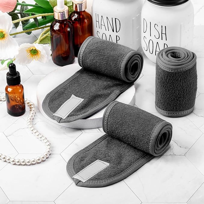 Hoteam 30 Pack Spa Headband Facial Esthetician Hair Wrap for Women Adjustable Makeup Sports Shower Stretch Towel with Tape(Silver Gray)