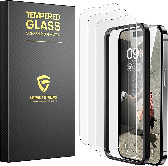 ImpactStrong Shatterproof Tempered Glass Screen Protector for iPhone 14 Pro Max [Easy Installation Frame] [Bubble Free] [9H Hardness] [Full Coverage] Case Friendly, 6.7 Inch - (3-Pack)