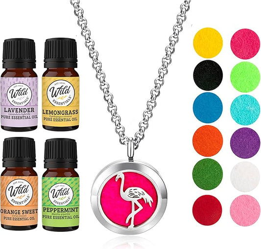 Wild Essentials Flamingo Necklace Essential Oil Diffuser Kit with Lavender, Lemongrass, Peppermint, Orange Oils, 12 Refill Pads, Calming Aromatherapy Gift Set, Customizable Color Changing, Perfume