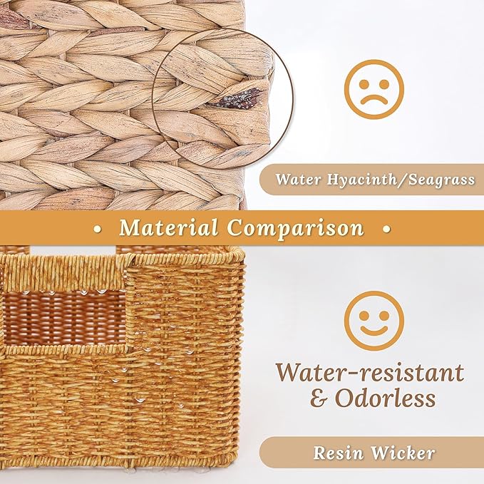 Baskets with Handles, Wicker Storage, Shelf Boxes for Organizing, Decorative Resin, Set of 3, Amber