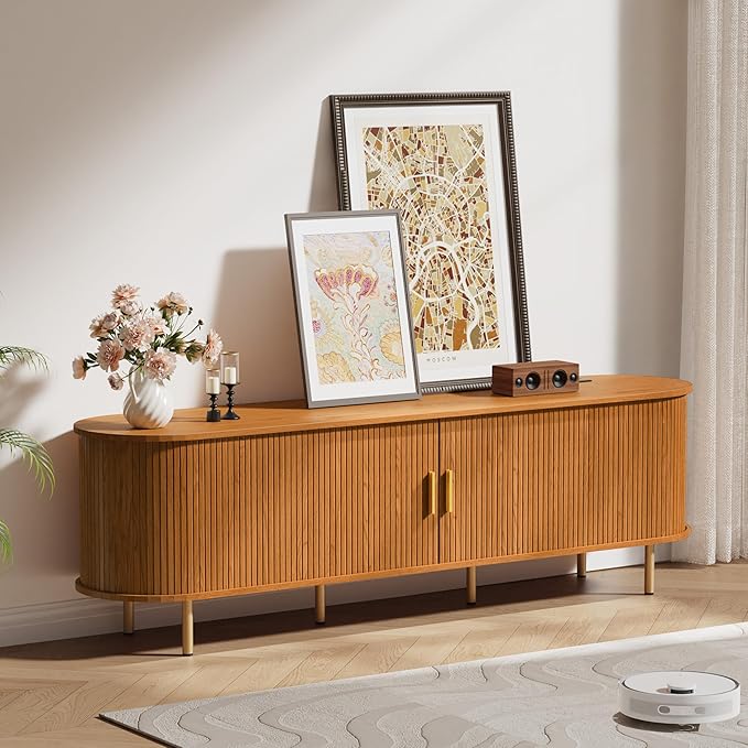 DHH 70 inch tv Stand Cabinet with Storage,Fluted tv Console Entertainment Center with Storage Adjustable Shelves, Modern Vintage with Sliding Doors tv Stand for Living Room (Yellow Walnut, 70 Inch)