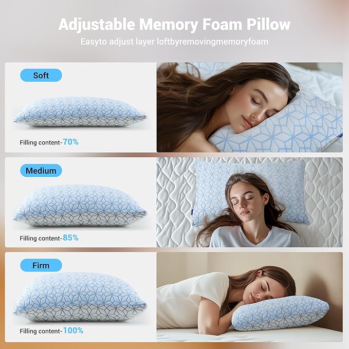 puredown King Size Pillows Set of 2, Cooling Pillow King Size 2 Pack, Adjustable Shredded Memory Foam Pillows for Side Back Stomach Hot Sleepers, Ice Blue