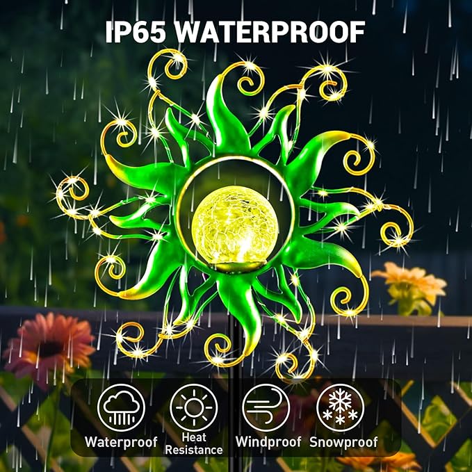 Solar Garden Lights Outdoor, Green Metal Sun Stake with 30 LED Waterproof Vine String Crackle Glass Spring Decor for Patio,Yardr,Lawn Gardening Birthday Gifts