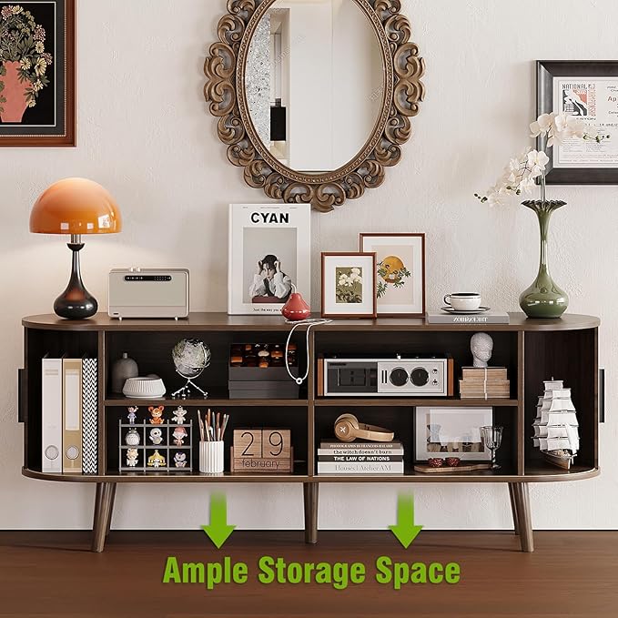 Fluted TV Stand Mid Century 59" TV and Media Console Table with Storage Shelf Sliding Door Modern Entertainment Center for Living Room, Bedroom fit 32"- 65" TVs (Rustic Brown, 59")