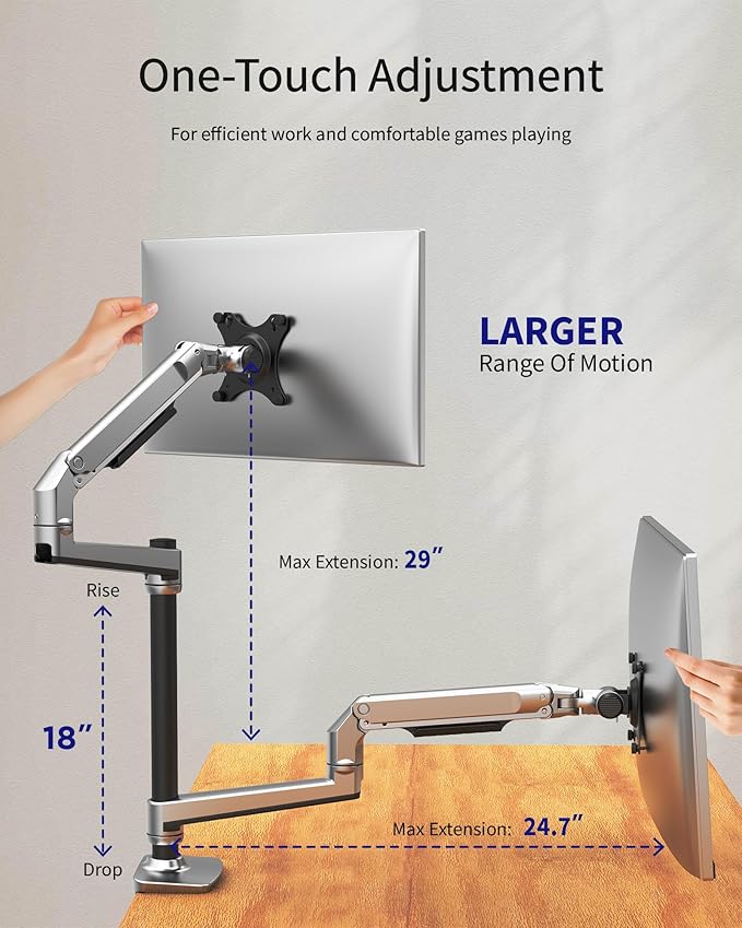 Dual Monitor Mount, Holds Screens up to 40 Inches and 25 lbs, Fully Adjustable Dual Monitor Arm with C-Clamp and Grommet Base, Aluminum, Silver