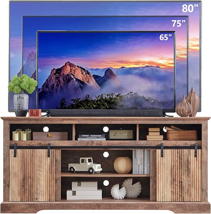 Fluted TV Stand for 80 Inch TVs, 32" Modern Entertainment Center with Waveform Panel Sliding Door, Media Console Cabinet w/Storage, Soundbar & Adjustable Shelf for Living Room, 70 inch (Light Brown)