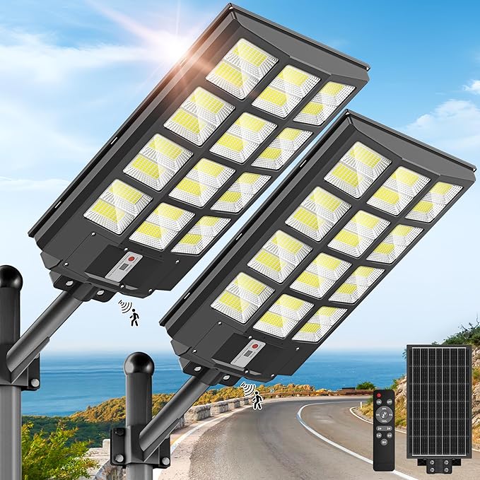 8000W Solar Street Lights Outdoor - 7000K Solar Lights Outdoor Waterproof Dusk to Dawn, Commercial Solar Parking Lot Lights with Motion Sensor, Solar Powered LED Street Light for Yard, Outside(2 Pack)