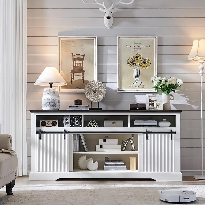 Fluted TV Stand for 80 Inch TVs, 32" Modern Entertainment Center with Waveform Panel Sliding Door, Media Console Cabinet w/Storage, Soundbar & Adjustable Shelf for Living Room, 70 inch (White)