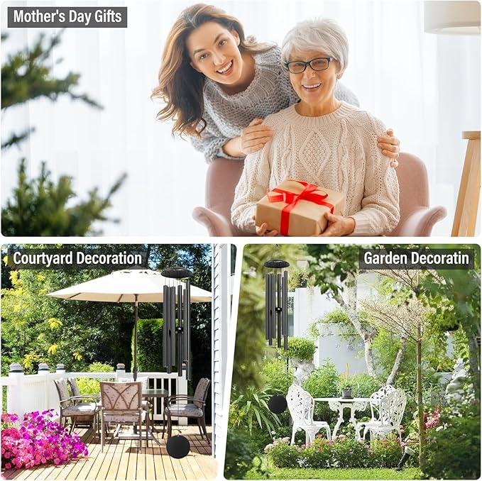 Wind Chimes for Outside, 38-Inch Simple Metal Wind Chimes Deep Tone with 6 Thick Aluminum Tubes – Ideal Gift for Mom or Grandma, Perfect for Garden, Patio, or Backyard Decoration (Black)