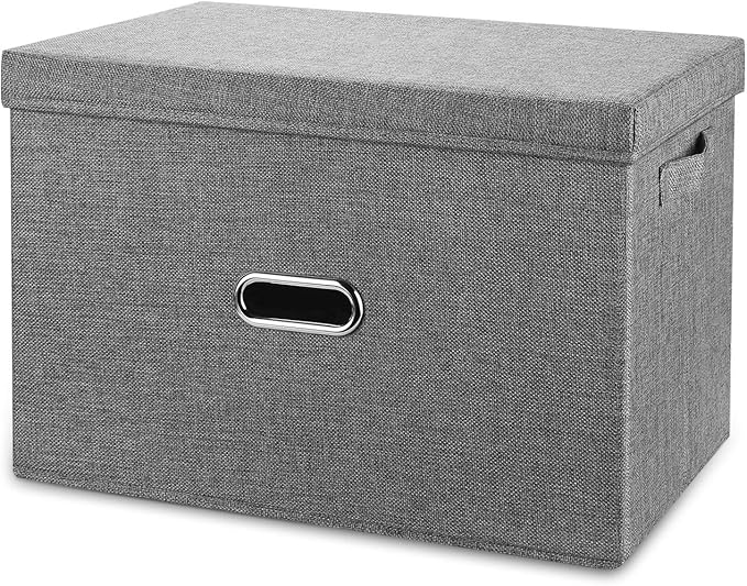 Large Linen Collapsible Storage Bins with Removable Lids and Handles, Washable Storage Box Containers Baskets Cube with Cover for Bedroom,Closet,Office,Living Room,Nursery (Grey, Large)