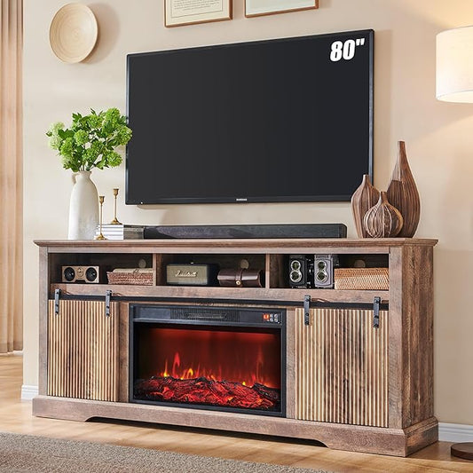 Fluted Fireplace TV Stand for TVs Up to 80 Inch with 30" Electric Fireplace, Modern Entertainment Center w/Waveform Panel Sliding Door & Adjustable Shelves, Media Console for Living Room (Light Brown)
