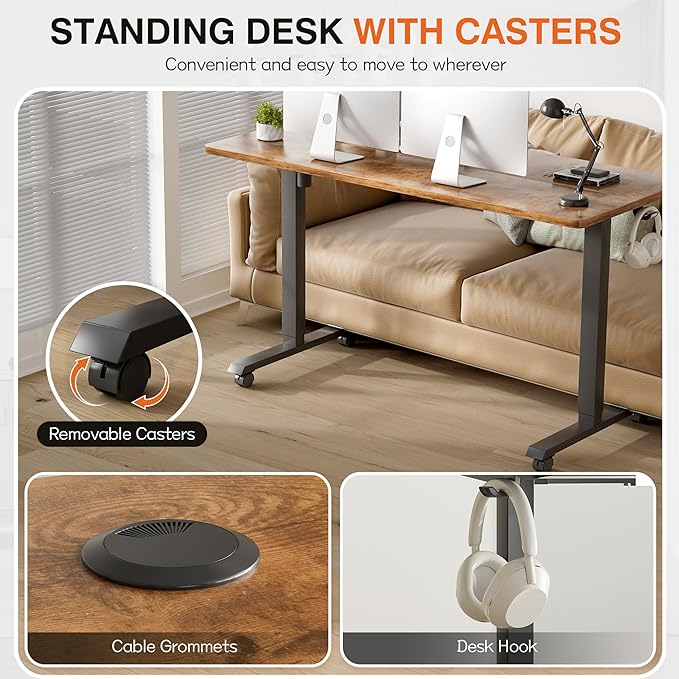 Furmax Electric Standing Desk, 55 x 24 Inches Height Adjustable Desk with Removable Casters, Home Office Computer Desk (Brown)