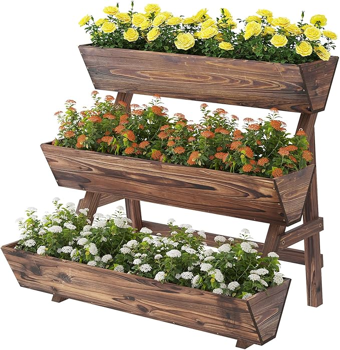 3-Tiers Wooden Raised Garden Bed Tiered Planter Box Vertical Garden Planter Wood Plant Stand for Patio, Balcony, Freestanding (Carbonized L)