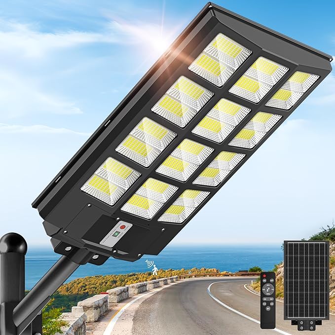 8000W Solar Lights Outdoor - 7000K Solar Street Lights Outdoor, Commercial Solar Parking Lot Lights IP66 Waterproof Dusk to Dawn, Security Flood Lights with Motion Sensor for Yard, Basketball Court