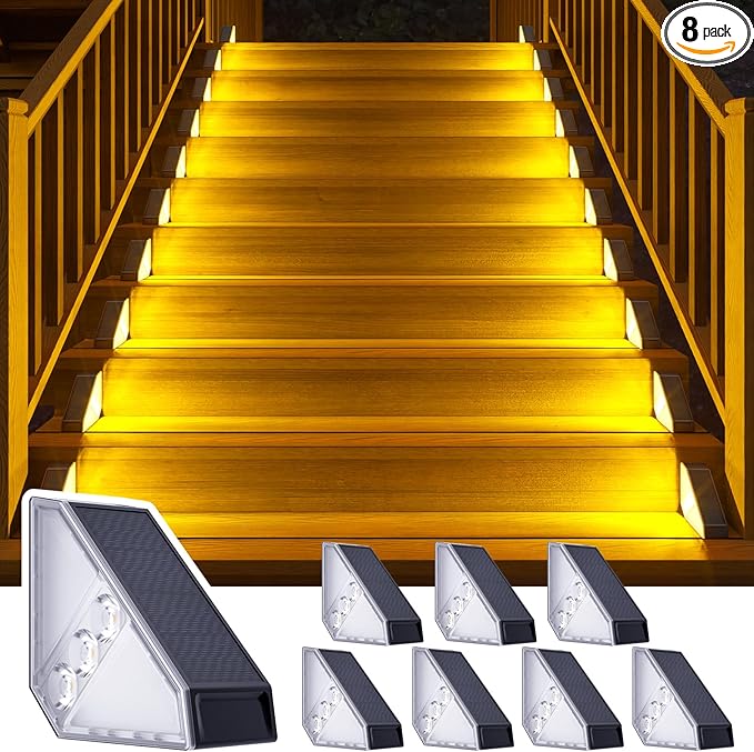 ROSHWEY Solar Step Lights Outdoor Waterproof, 8 Pack Triangle Solar Stair Lights for Outside, LED Deck Light Outdoor Decor Lighting for Patio Porch Backyard, Warm White