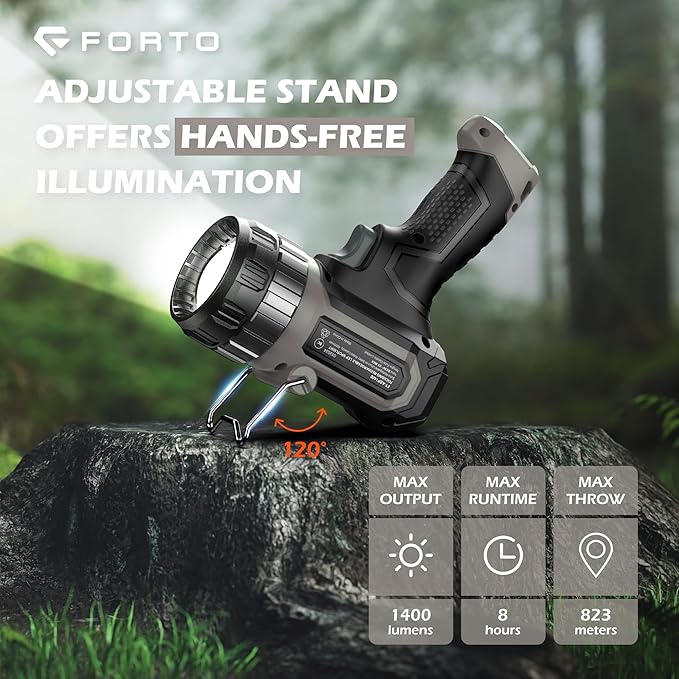 FORTO Compact Rechargeable Spotlight with Adjustable Focus, Handheld Spot Light with Stand, 823m Range, 3 Light Modes and LED Spot Lights Outdoor for Boating Hunting Camping Hiking