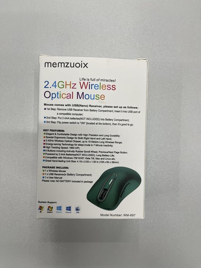 memzuoix 2.4G Wireless Mouse, 1400 DPI Computer Mice USB Receiver, Portable Wireless USB Mouse Battery Powered Cordless Mice for Laptop, PC, Desktop, 5 Buttons (Dark Green)
