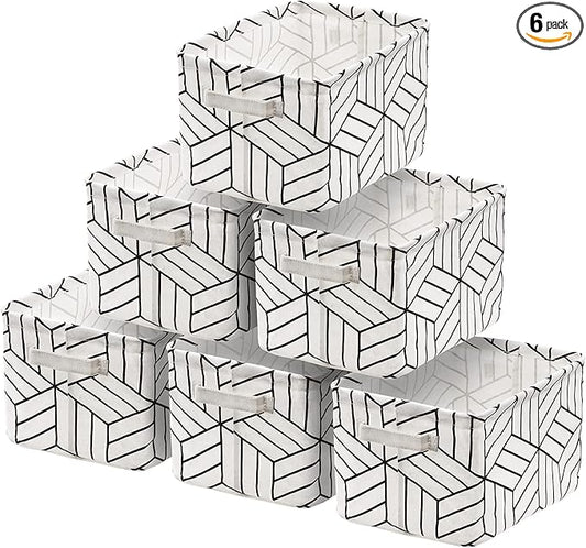 CROWNED 6 Pcs Storage Basket Foldable Cube Fabric Bins Square Mini Box Receive Organizer Rectangle Canvas with Handles for Home Office Books Small 11x8x6.3 inch White