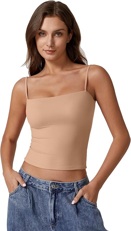 QINSEN Women's Double Lined Basic Tank Top Adjustable Spaghetti Straps Sleeveless Camisole Shirts
