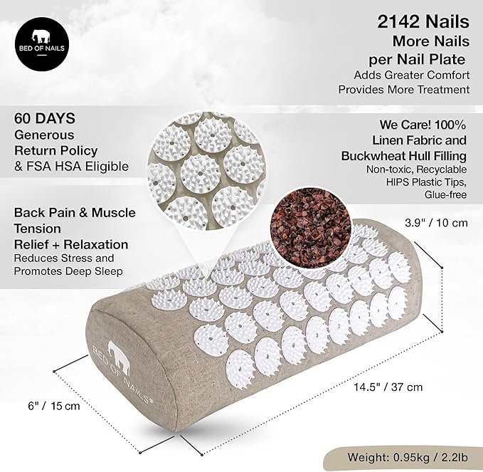 Bed of Nails Original Premium Comfortable ECO Acupressure Pillow Lumbar Cushion, 2142 Acupuncture Pressure Points for Neck Pain, Back Pain, Stress Relief with Drawstring Bag, 15x6x4