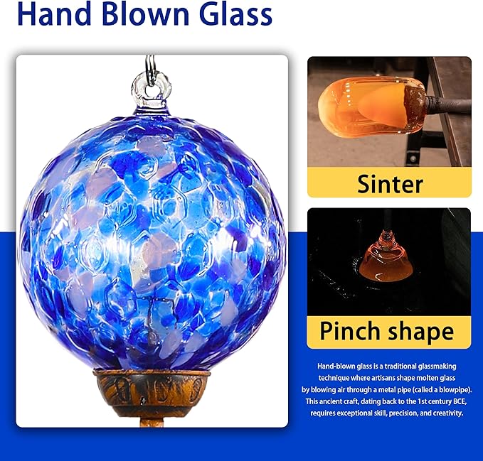 Wind Chimes, Solar LED Outdoor Garden Lighting, Dark Blue Glass and Metal Wind Chime Lawn and Yard Decoration with Bronze Metal Finial, 5 x 46.5 Inch