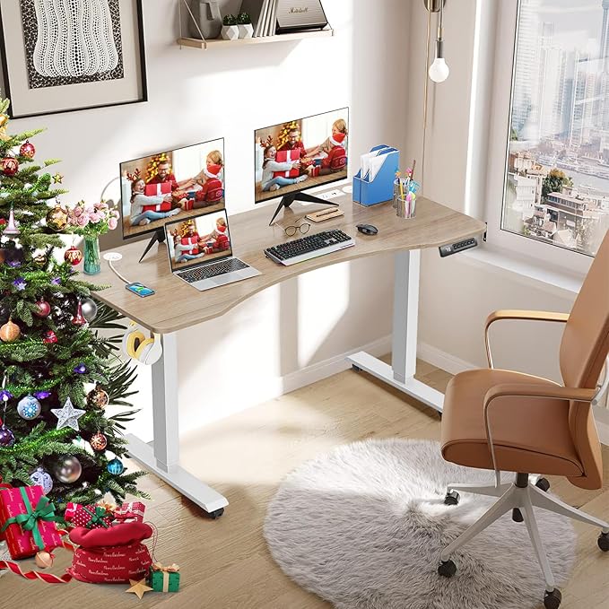 farexon Electric Standing Desk Adjustable Height,63x24 Inches Stand Up Desk, Ergonomically Curved Desktop with Outlet, Lockable Casters,27.''-46'' Lifting Range Home Office Computer Desk(Oak Gray)