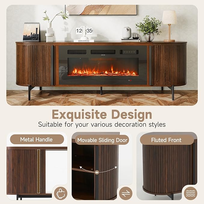 Luxury 70" Fluted Fireplace TV Stand, Modern Chic Entertainment Center for TVs Up to 80", TV Console for Living Room, Media Cabinet with Storage,70 Inch, Brown