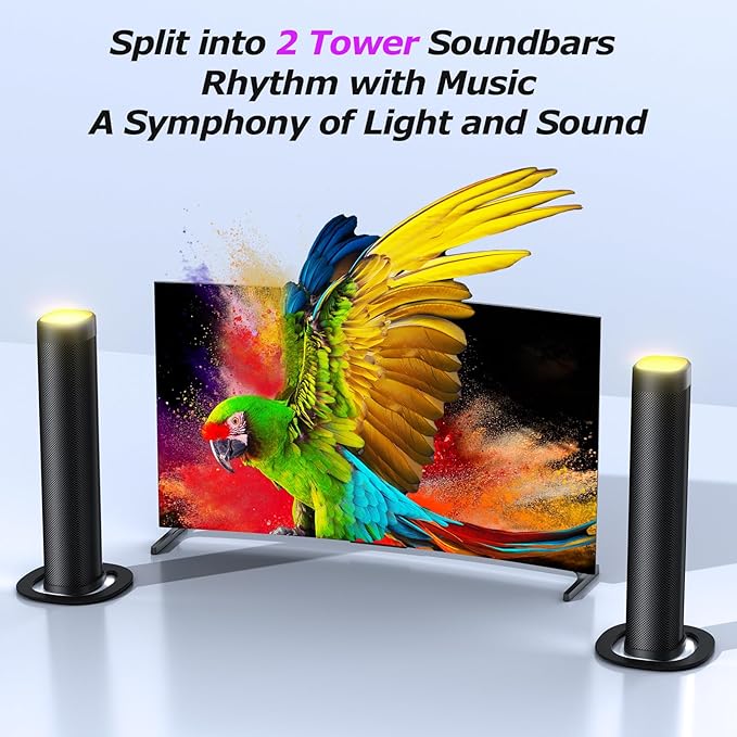 Sound Bar,100W Sound Bar for Smart TV with 3 RGB Lights Modes, Bluetooth 5.3, ARC/Opt/AUX Connect, Detachable 2-in-1 Speaker, 3 Equalizer Modes, Bass Surround Soundbar for TV/PC/Gaming/Projectors