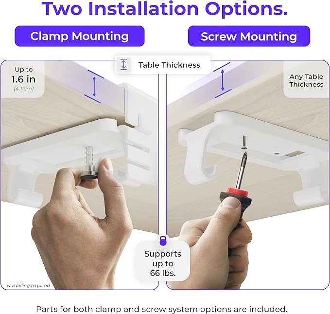 Ascrono Original No Drill Under Desk Cable Management Tray 53.9" - Premium White Fabric Cable Management Under Desk - Clamp/Screw Mount Cord Organizer - Supports Upto 66lbs - Extra Large