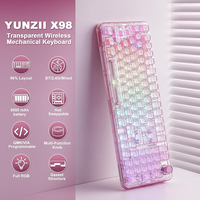 YUNZII X98 QMK/VIA Wireless Mechanical Gaming Keyboard with Knob,Tri-Mode BT5.0/USB-C/2.4GHz Hot Swappable Keyboard,Pre-lubed Switches Gasket Mount RGB Backlit for Wins/Mac (Pink, Snow Switch)