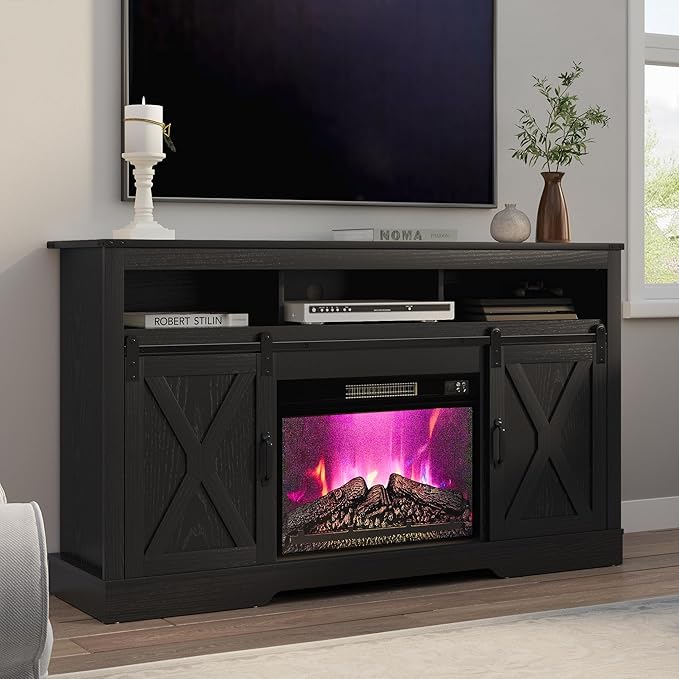 RoyalCraft Farmhouse Fireplace TV Stand for 65+ Inch TV, Entertainment Center with 23" Electric Fireplace with Remote, 34" Tall Modern Rustic TV Console with Sliding Bar Door for Living Room, Black