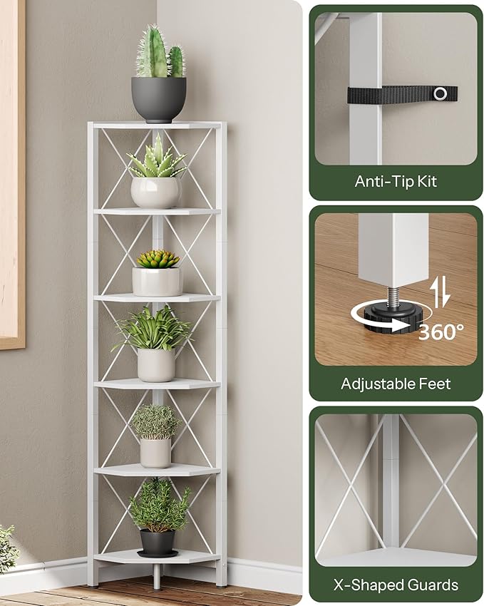 6-Tier Corner Shelf, Corner Bookcase, 66.9" Tall Vertical Display Rack, Plant Stand, Open Storage Shelf, for Living Room, Bedroom, Study, Kitchen, White TCJ13WB