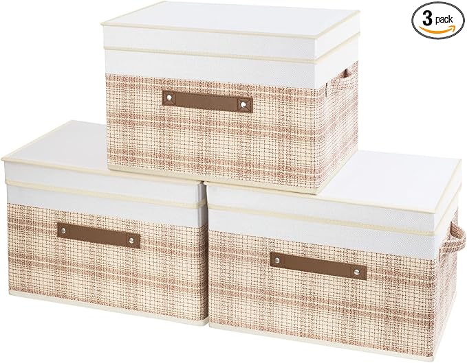 TYEERS Collapsible Storage Bins with Lids, Patchwork Design, Washable, Fabric Storage Boxes, 14.9x9.8x9.8 inches, 3 Pack, Camel Tan