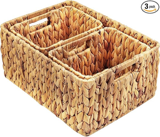 HOONEX Water Hyacinth Storage Baskets, Wicker Baskets for Storage, Hand Woven Baskets with Carry Handles, Set of 3, Natural