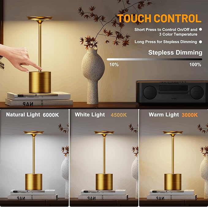 Cordless Rechargeable LED Table Lamp 6000mAH Battery Powered Waterproof Desk Lamp,Portable Touch 3 Color Stepless Dimming Light for Indoor/Outdoor/Dinning/Patio/Restaurant(Gold 2Pack)