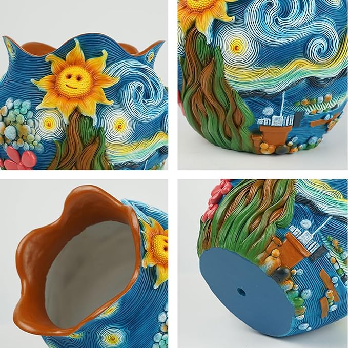 Starry Night Theme Flower Pots Colorful Art Planter Pots for Indoor Plant Cute Unique Resin Flower Pot with Drainage Hole for Home Decor