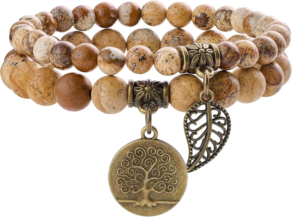 Bivei Natural Semi Precious Gemstone beads bracelet for women - Life Tree and Leaf Charm Energy Reiki Crystal Stretch Bracelets