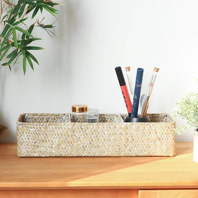 Shelf Baskets with Dividers, Seagrass Storage Baskets Rectangular Wicker Woven Back of Toilet Basket for Home Organizer