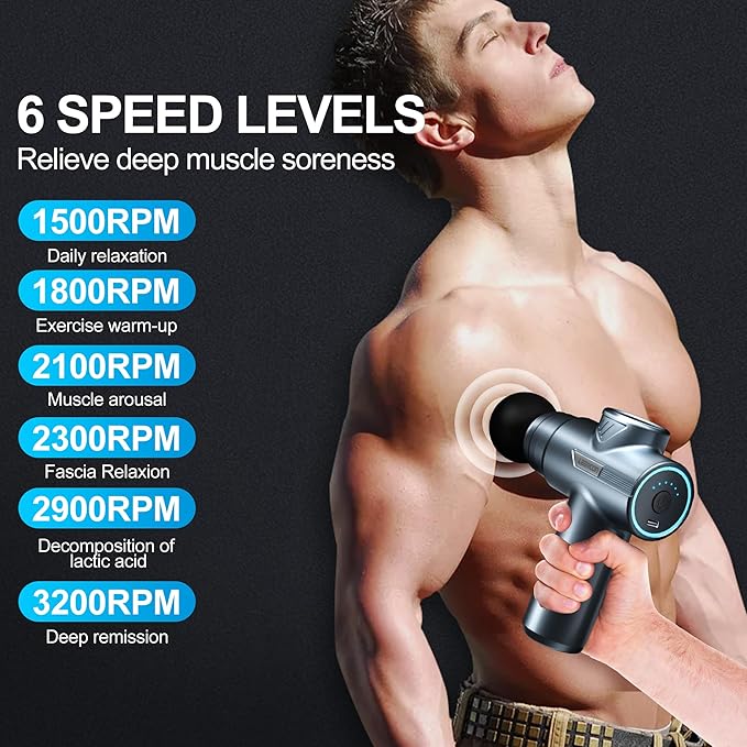 Mini Massage Gun, Compact Deep Tissue Massager, 6 Speeds, 4 Heads, Ideal Gift for Men & Women (Blue)