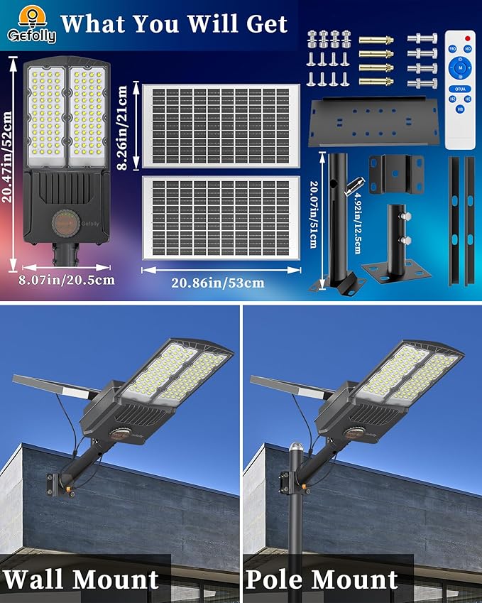 Gefolly SL-8500W Solar Street Light Outdoor 500000LM Commercial Parking Lot Lights Dusk to Dawn 6500K Flood Security Light IP67 Lamp with Motion Sensor for Basketball Court, Yard, Road