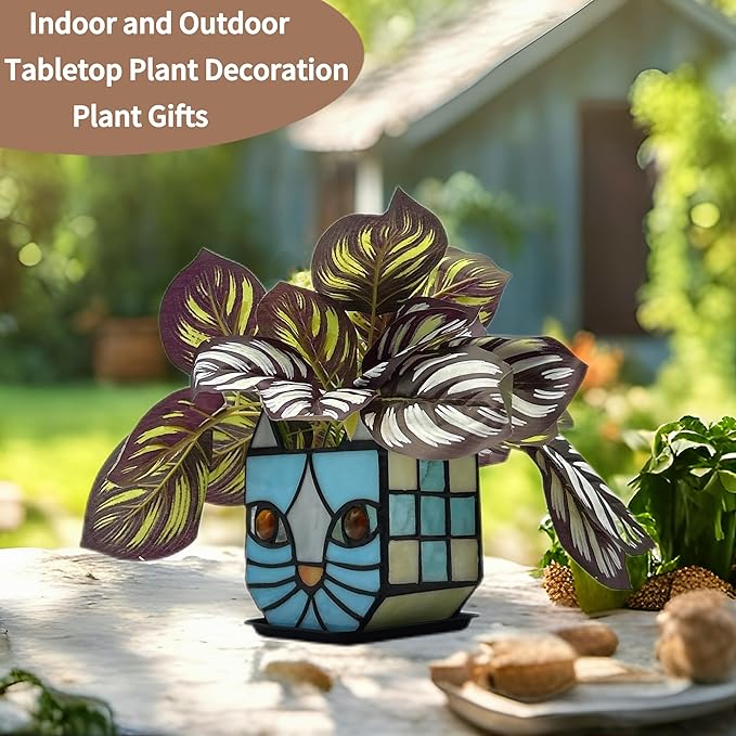 Stained Glass Blue Cat Planter,Plant pots with Drainage Holes, Plant Flower Pot for Houseplants and Succulents,Cute Blue Cat Plant Lover Gift 4.6x3x5.15 in