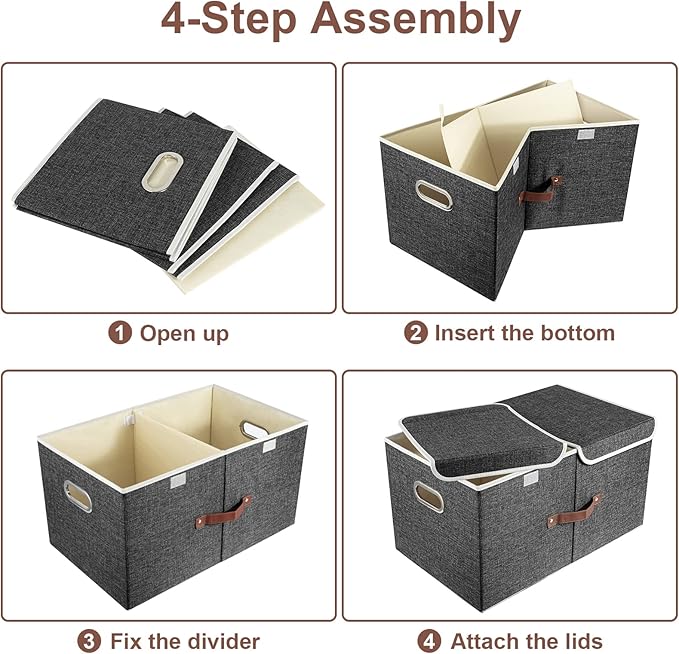 TYEERS Extra Large Collapsible Storage Bins with Lids and Compartments, Washable, Fabric Storage Boxes, 21.7x13x11.8 inches, 1 Pack, Black