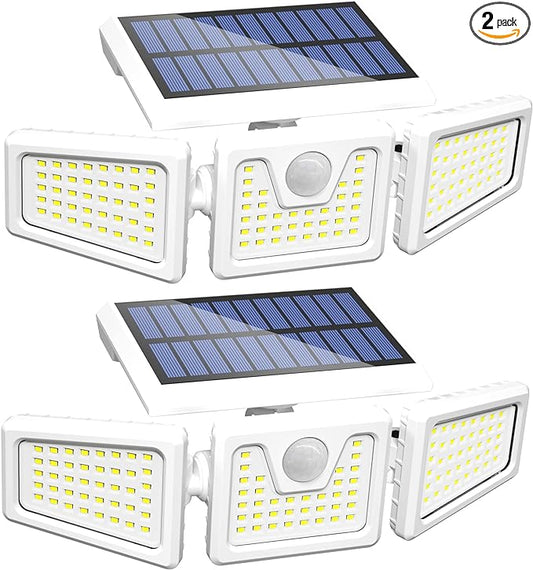INCX 156 LED Solar Motion Lights Outdoor 2 Pack, 3 Heads Solar Security Lights with Motion Sensor IP65 Waterproof, Flood Lights for Wall, Patio, Garden, Porch, Garage White
