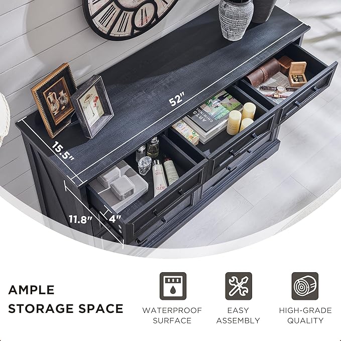 Farmhouse 9 Drawer Dresser for Bedroom, 36 Inch Tall Modern Dresser TV Stand with Large Drawers & Bar Handles, Rustic Wood Chest of Drawers for Bedroom, Living Room, Hallway, Black