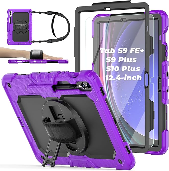 Case for Samsung Galaxy Tab S10 Plus/ S9 FE Plus/ S9 Plus 12.4" Tablet Case with Tempered Glass Screen Protector, Rotating Kickstand, S Pen Holder, Hand & Shoulder Strap (Purple)