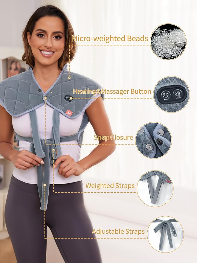 Vofuoti Heating Pad for Neck and Shoulders, Portable Cordless Heating Pad with Massager and Battery, Weighted Electric Heated Neck Shoulder Wrap, 16'' x 22'', 2.2lbs