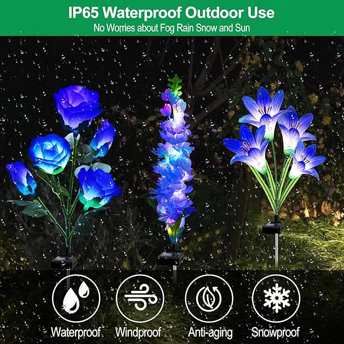 Solar Garden Lights Waterproof, 3 Pack Solar Flowers Lights Includes Lily Rose Delphinium, Gardening Gifts for Mom Grandma Women,7-Color Changing Outdoor Decor for Garden Yard Patio Lawn
