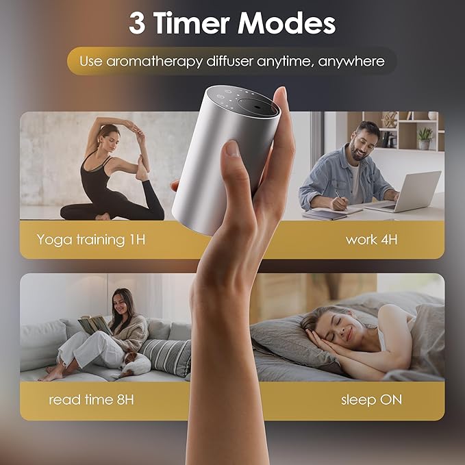 Essential Oil Diffuser with 3 Spray Modes, Battery Operated, LED Timing Display, Aromatherapy Diffuser, 1/4/8-Hour Timer, 10ml Oil Bottle, and 3 Mist Settings for Home, Car (New Silver)